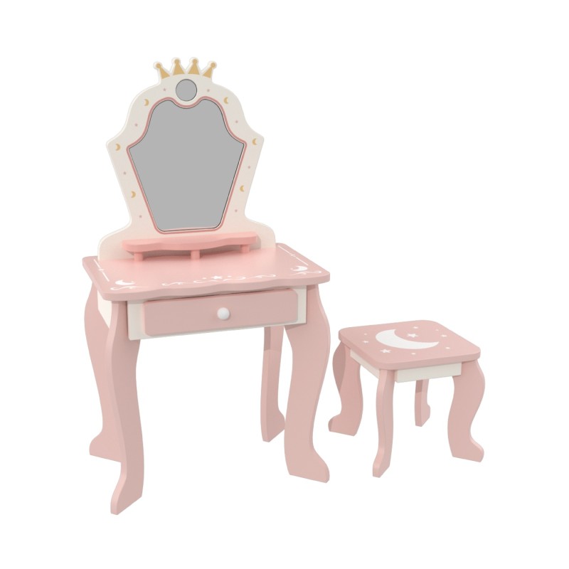Custom Princess Crown Star Moon Wooden Vanity Dressing Table & Stool Set for Kids Pretend Play