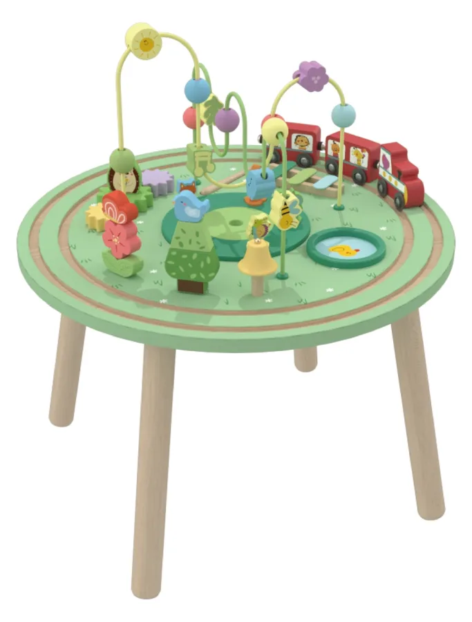 Wooden forest train activity table with bead maze and gear panels