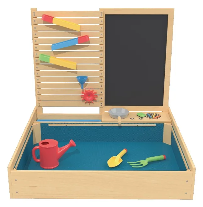 Wooden sand and water activity table with ball track and double sided chalkboard lid