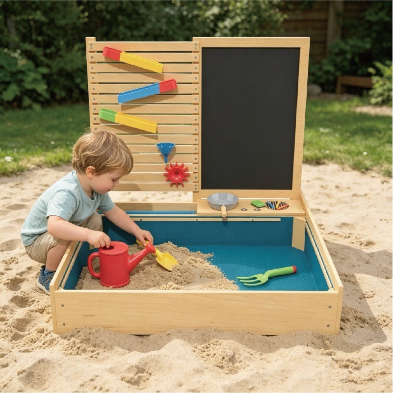 Child playing with wooden sand and water activity table outdoors