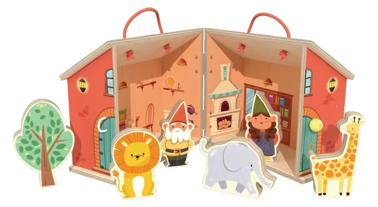 Foldable forest gnome doll house with animal figures and carry handle