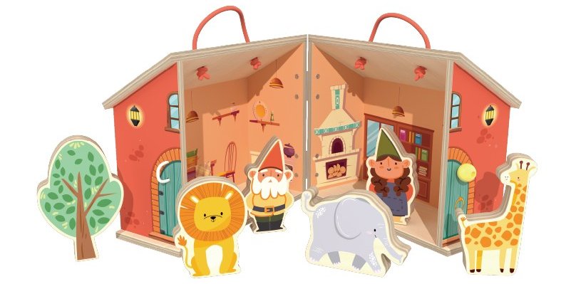 Fold-away wooden doll house shown open as a two-room cottage with a carry handle, six gnome figures and four animal figures