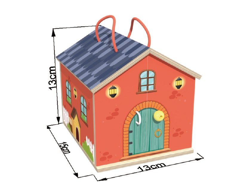 The same folding wooden doll house closed into a cube-shaped carry case with two rope handles and its packed dimensions marked
