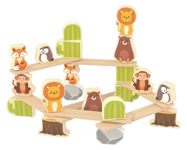 Wooden forest animal balance stacking blocks with balance planks used for STEM play
