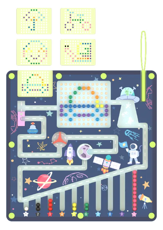 Wooden space magnetic two-in-one maze and pixel art board for children