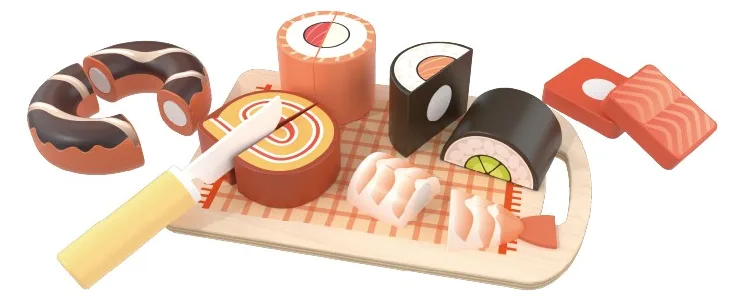 Wooden sushi cutting play set with chopping board knife and velcro food pieces