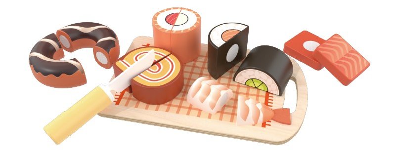 Wooden sushi cutting play set with chopping board, safe knife and velcro sushi pieces