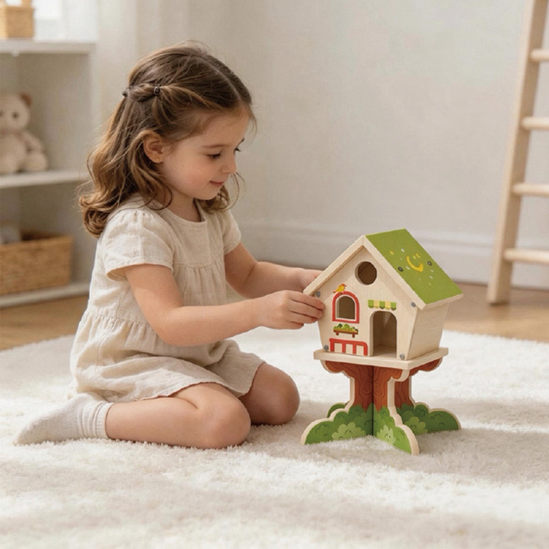Girl playing with forest treehouse wooden doll house