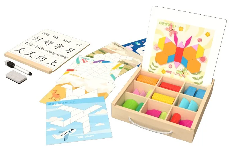 Wooden magnetic tangram puzzle with geometric blocks and drawing board