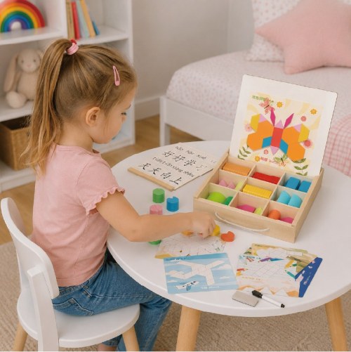 Custom Wooden Magnetic Tangram Puzzle Shape Building Blocks Double-Sided Dry Erase Board Toy