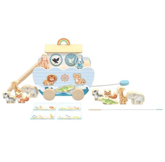 Custom Wooden Noah's Ark 5-in-1 Learning Toy Animal Sorter Pull Wagon Bead Threading Toddlers 18M–6Y