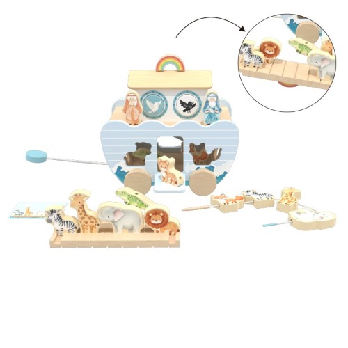 Custom Wooden Noah's Ark 5-in-1 Learning Toy Animal Sorter Pull Wagon Bead Threading Toddlers 18M–6Y