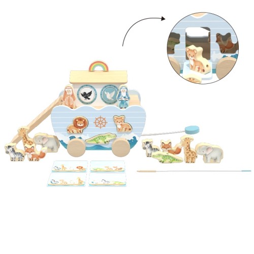 Custom Wooden Noah's Ark 5-in-1 Learning Toy Animal Sorter Pull Wagon Bead Threading Toddlers 18M–6Y