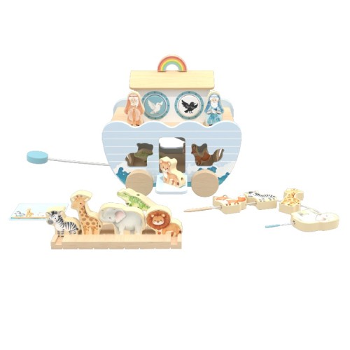 Custom Wooden Noah's Ark 5-in-1 Learning Toy Animal Sorter Pull Wagon Bead Threading Toddlers 18M–6Y