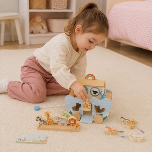 Custom Wooden Noah's Ark 5-in-1 Learning Toy Animal Sorter Pull Wagon Bead Threading Toddlers 18M–6Y