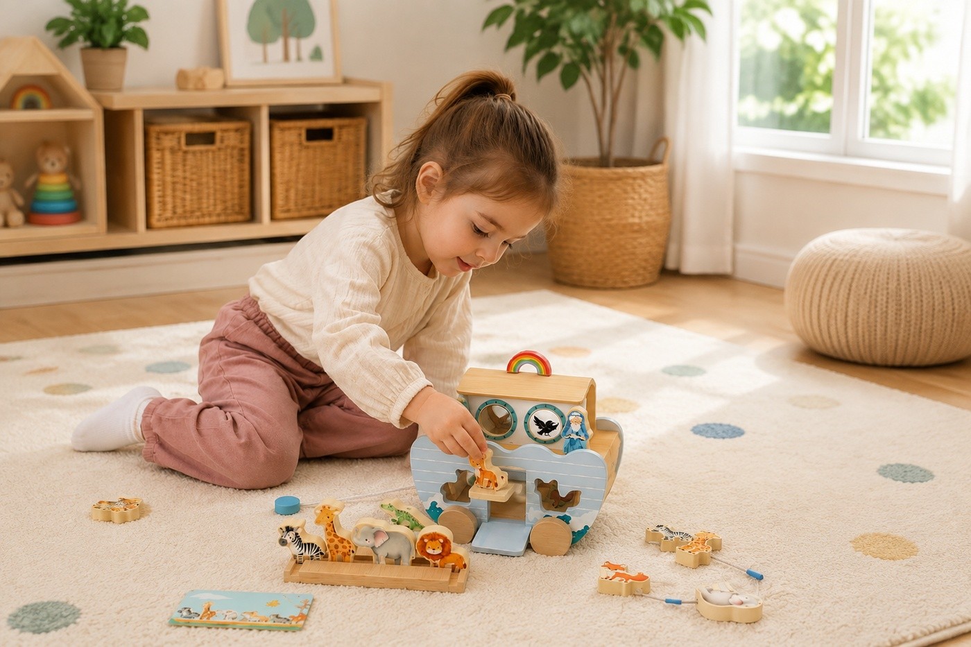 Toddler playing with wooden Noah's Ark shape sorter toy