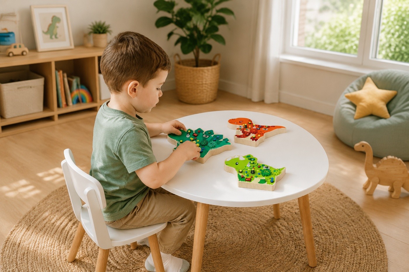 Child exploring dinosaur busy board in bright nursery