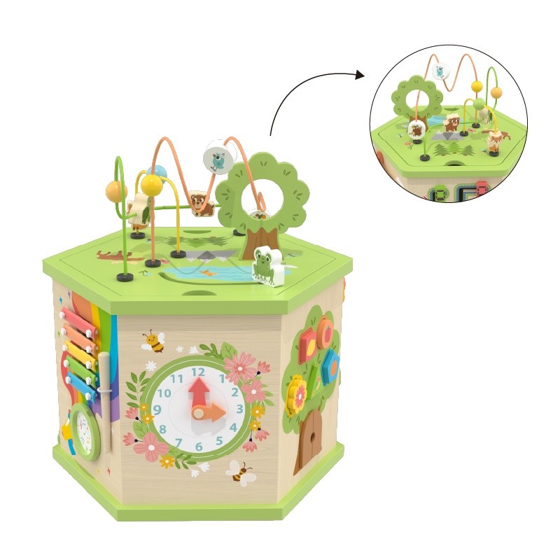 Close-up of forest activity cube panels with gears and bead maze