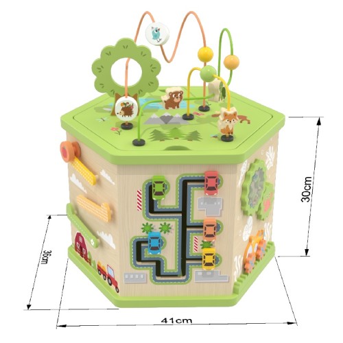 Custom Forest Farm Hexagonal Wooden Activity Cube with Detachable Bead Maze Top for Toddlers 1-4Y
