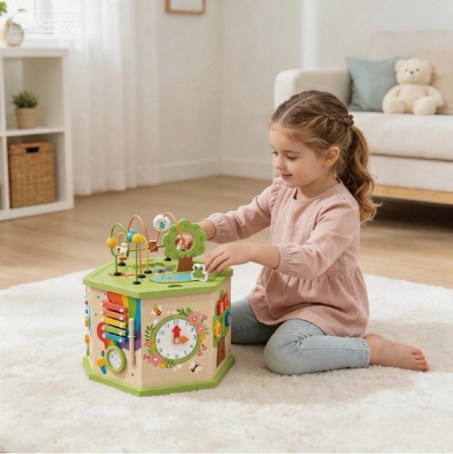 Custom Forest Farm Hexagonal Wooden Activity Cube with Detachable Bead Maze Top for Toddlers 1-4Y