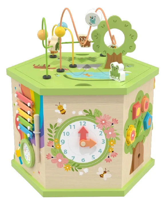 Wooden forest hexagonal activity cube with detachable bead maze panels