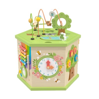 Custom Forest Farm Hexagonal Wooden Activity Cube with Detachable Bead Maze Top for Toddlers 1-4Y