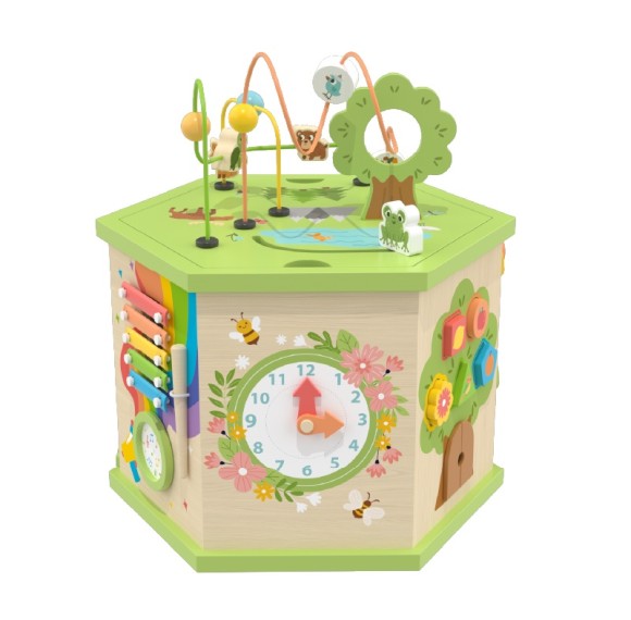 Custom Forest Farm Hexagonal Wooden Activity Cube with Detachable Bead Maze Top for Toddlers 1-4Y