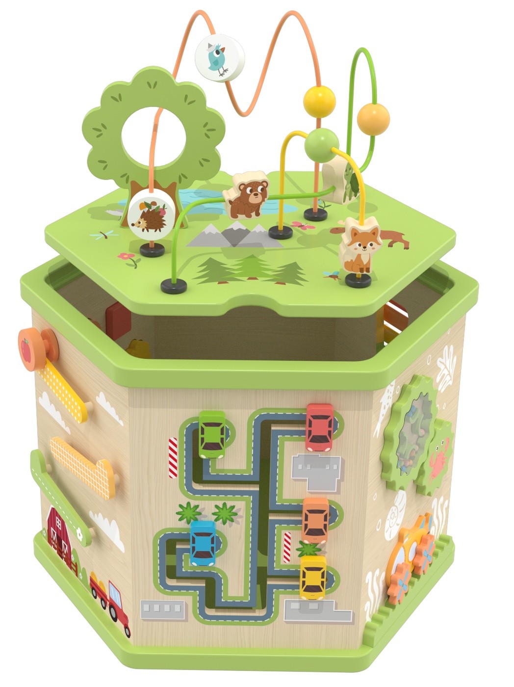 Forest farm wooden activity cube in nursery play area