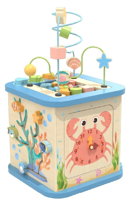 Wooden ocean activity cube with bead maze and sensory play panels