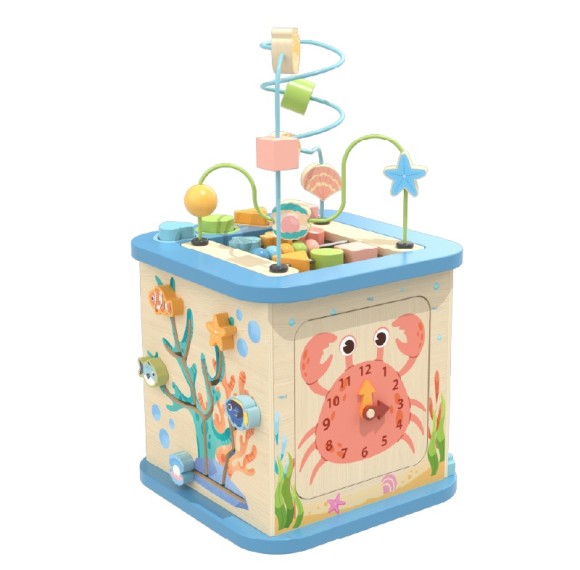 Custom Ocean Wooden Activity Cube with Detachable Bead Maze Top & 4 Sensory Panels Ages 1-6