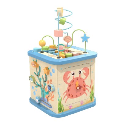 Custom Ocean Wooden Activity Cube with Detachable Bead Maze Top & 4 Sensory Panels Ages 1-6