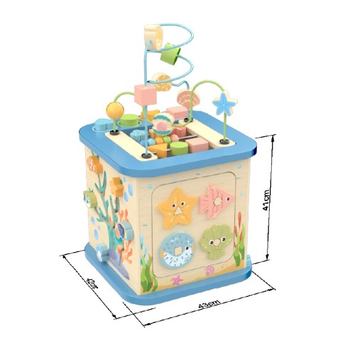 Custom Ocean Wooden Activity Cube with Detachable Bead Maze Top & 4 Sensory Panels Ages 1-6