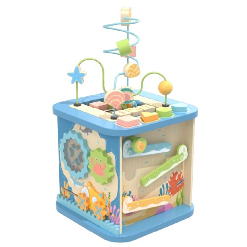 Custom Ocean Wooden Activity Cube with Detachable Bead Maze Top & 4 Sensory Panels Ages 1-6