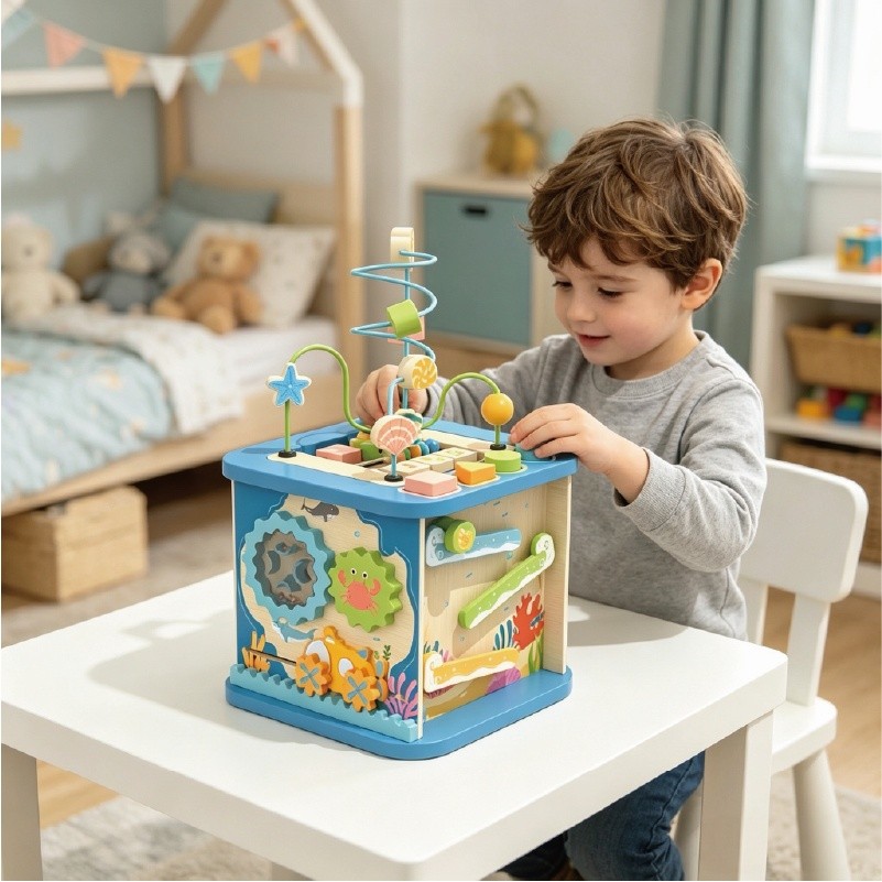 Toddler playing with ocean themed wooden activity cube in bright playroom