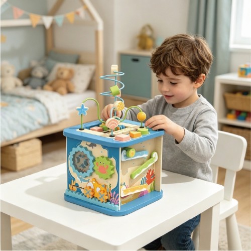 Custom Ocean Wooden Activity Cube with Detachable Bead Maze Top & 4 Sensory Panels Ages 1-6