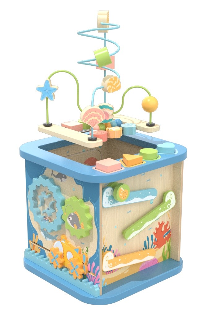 Ocean wooden activity cube in children's playroom setting