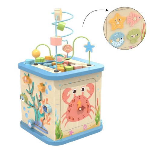 Custom Ocean Wooden Activity Cube with Detachable Bead Maze Top & 4 Sensory Panels Ages 1-6
