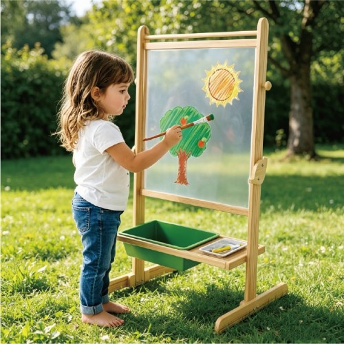 Custom Wooden Double-Sided Transparent Art Easel with Water Doodle & Whiteboard for Kids 2-8Y