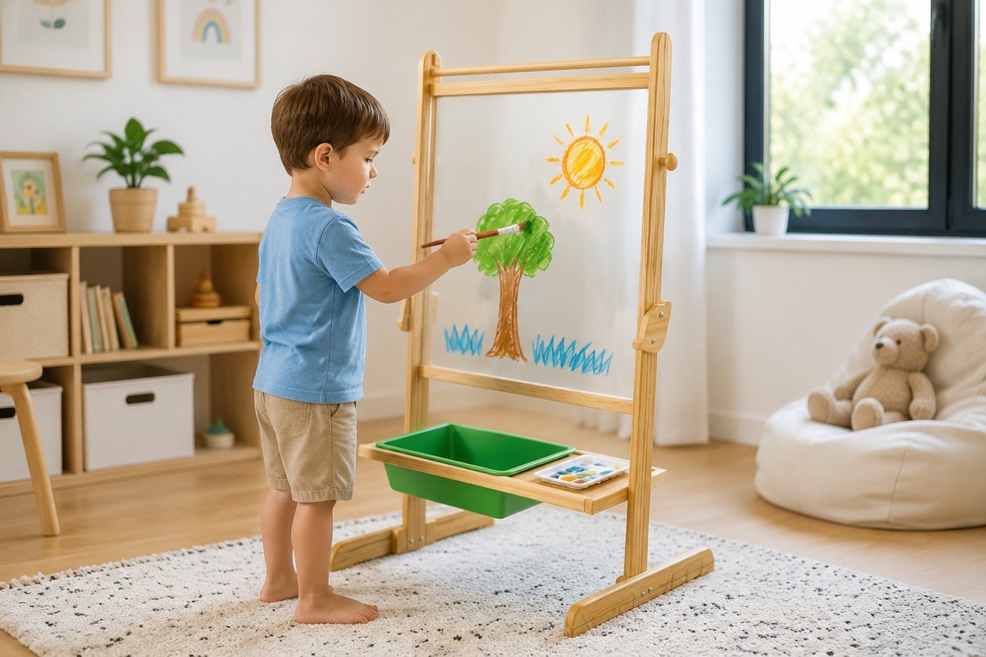Children using wooden art easel in bright playroom