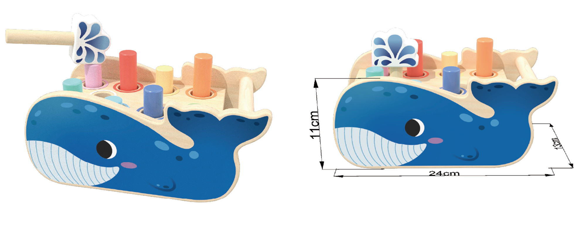 Toddler enjoying wooden whale pounding bench in playroom