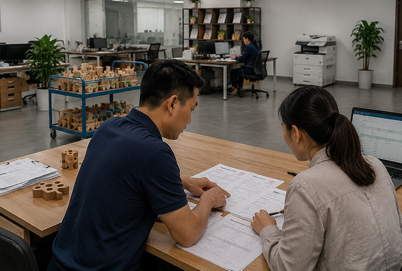 Industrial designer working on toy design with prototype on desk