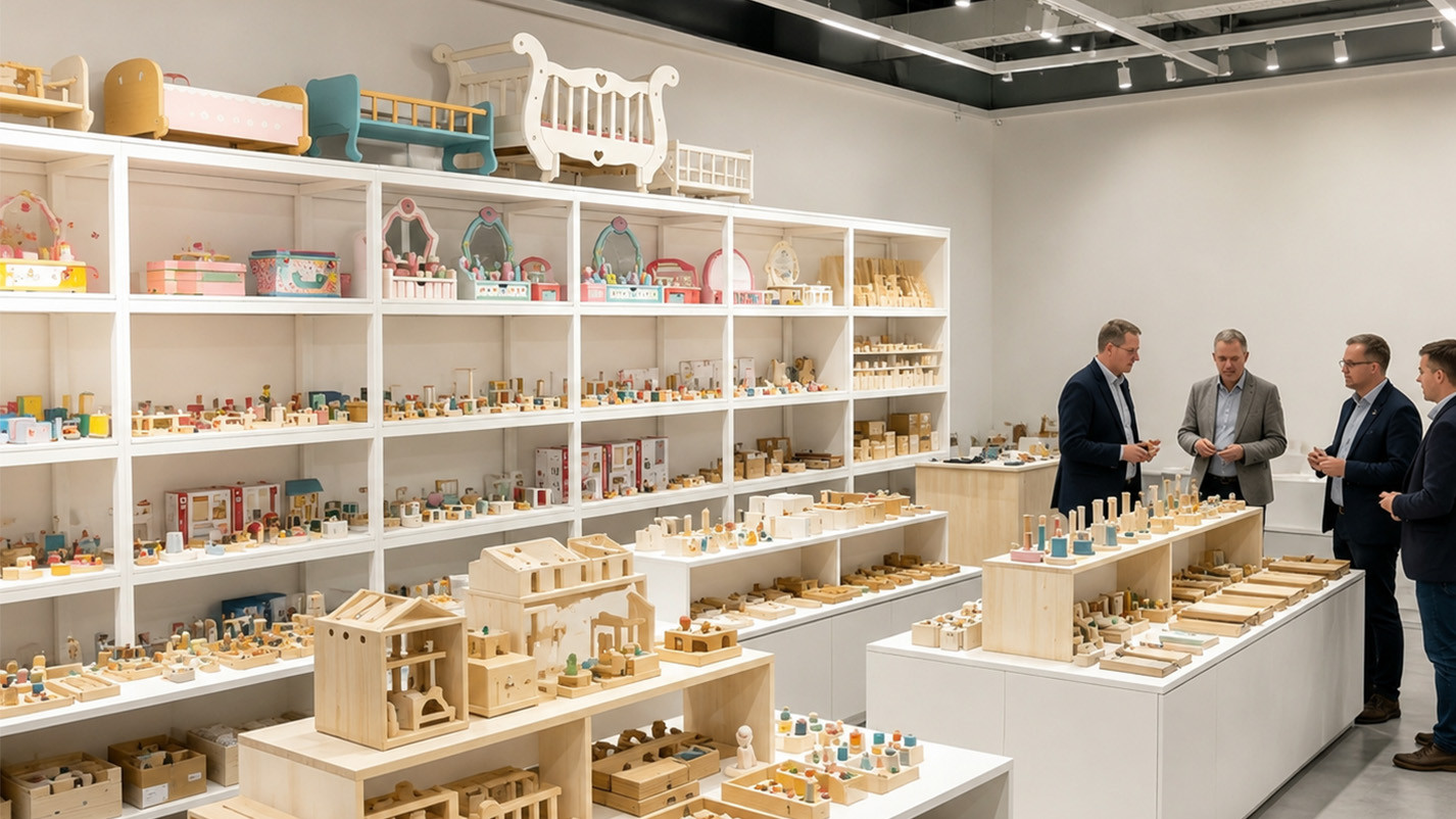 Local toy store interior with wooden toys on shelves