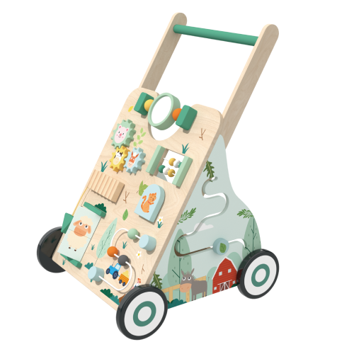 Wooden Baby Walker with Activity Center, Montessori Push & Ride Toy for Toddlers
