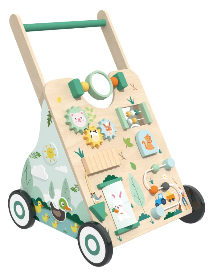 Wooden baby walker with activity center for push and ride play