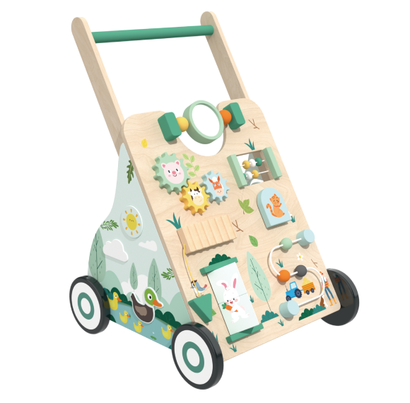 Wooden Baby Walker with Activity Center, Montessori Push & Ride Toy for Toddlers