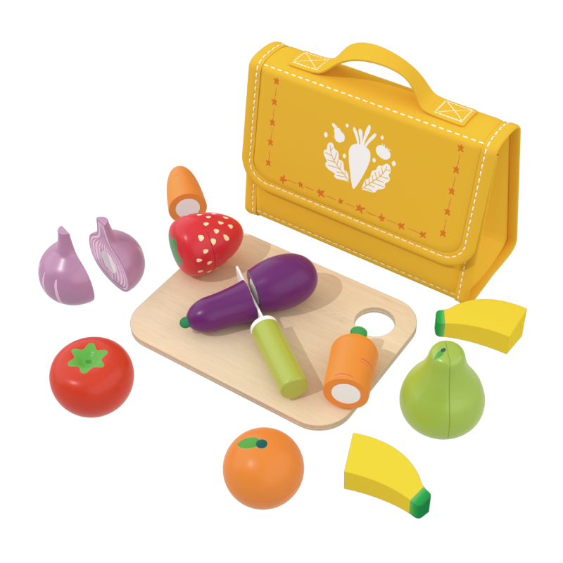 Custom Wooden Cutting Play Food Set for Kids,food learning Toy with Carry Case