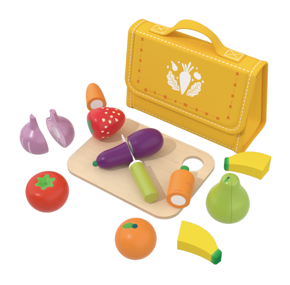 Custom Wooden Cutting Play Food Set for Kids,food learning Toy with Carry Case