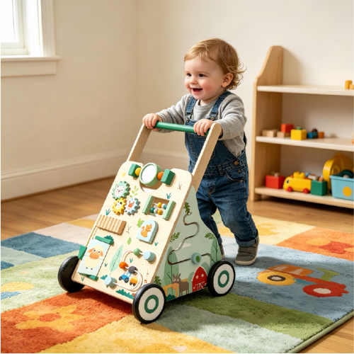 Wooden Baby Walker with Activity Center, Montessori Push & Ride Toy for Toddlers