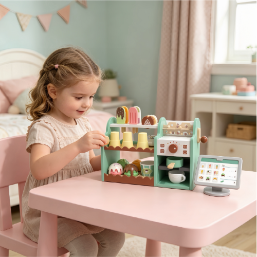 Custom Wooden Ice Cream Shop Pretend Play Set, Coffee Maker Cash Register Toy