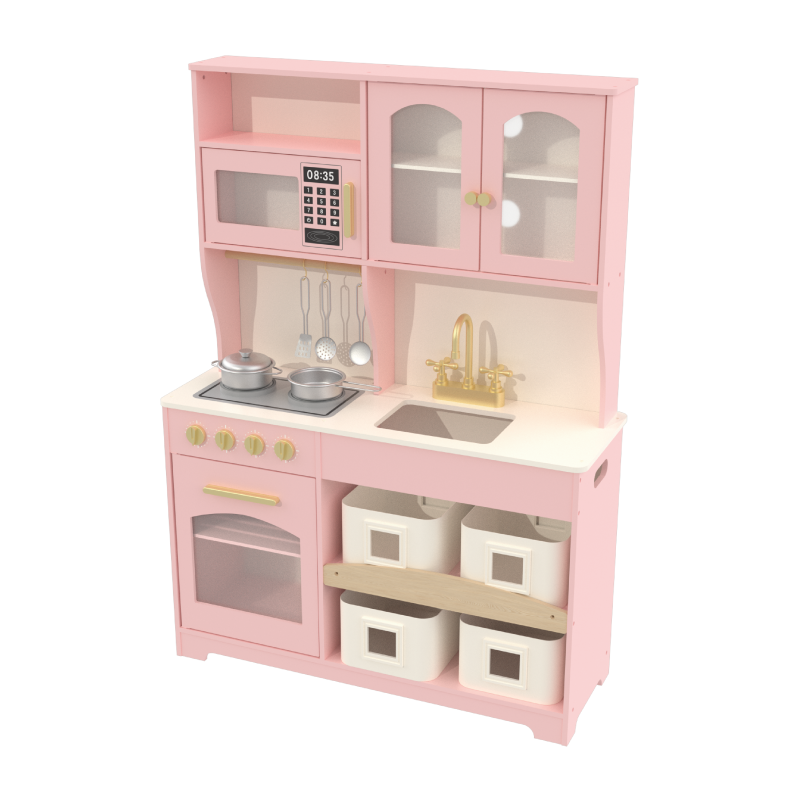 Custom Pink Wooden Play Kitchen Set, Realistic Pretend Play Toddler Kitchen